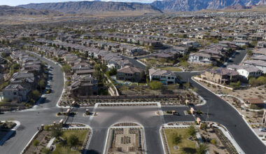 An aerial view of homes at Sarasota, a community planned in The Paseos of Summerlin, on Thursda ...