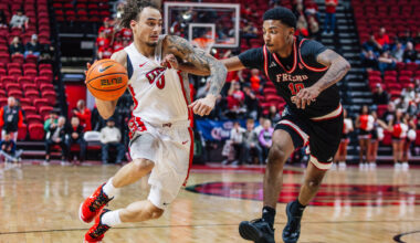 UNLV guard Dravyn Gibbs-Lawhorn (0) dribbles the ball as Fresno State guard Zaon Collins (10) g ...
