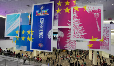 Fans arrive at the Super Bowl Experience in San Francisco, Friday, Feb. 6, 2026. (Steve Luciano ...