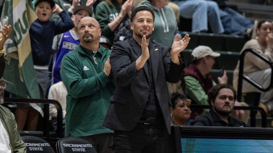 Sacramento State President Luke Wood celebrates the victory over the Northern Arizona Lumberjacks on Thursday, Jan. 15, 2026, in Sacramento. The university’s yet-to-be-disclosed deal to join the Mid-American Conference for football raises numerous questions.