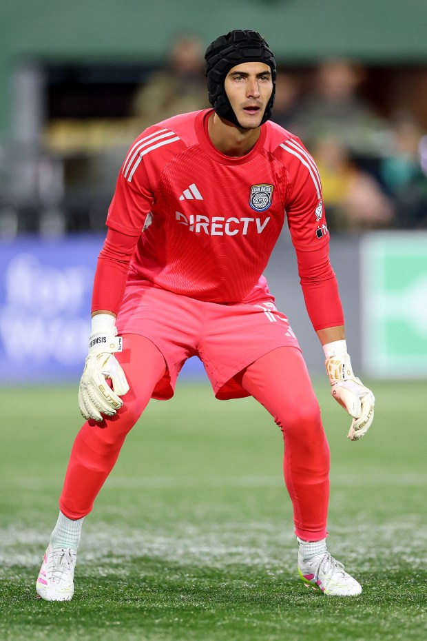 Pablo Sisniega #13 of San Diego FC tends net during the 2025 MLS Cup Playoff match between San Diego FC and Portland Timbers at Providence Park on November 01, 2025 in Portland, Oregon. (Photo by Steph Chambers/Getty Images)