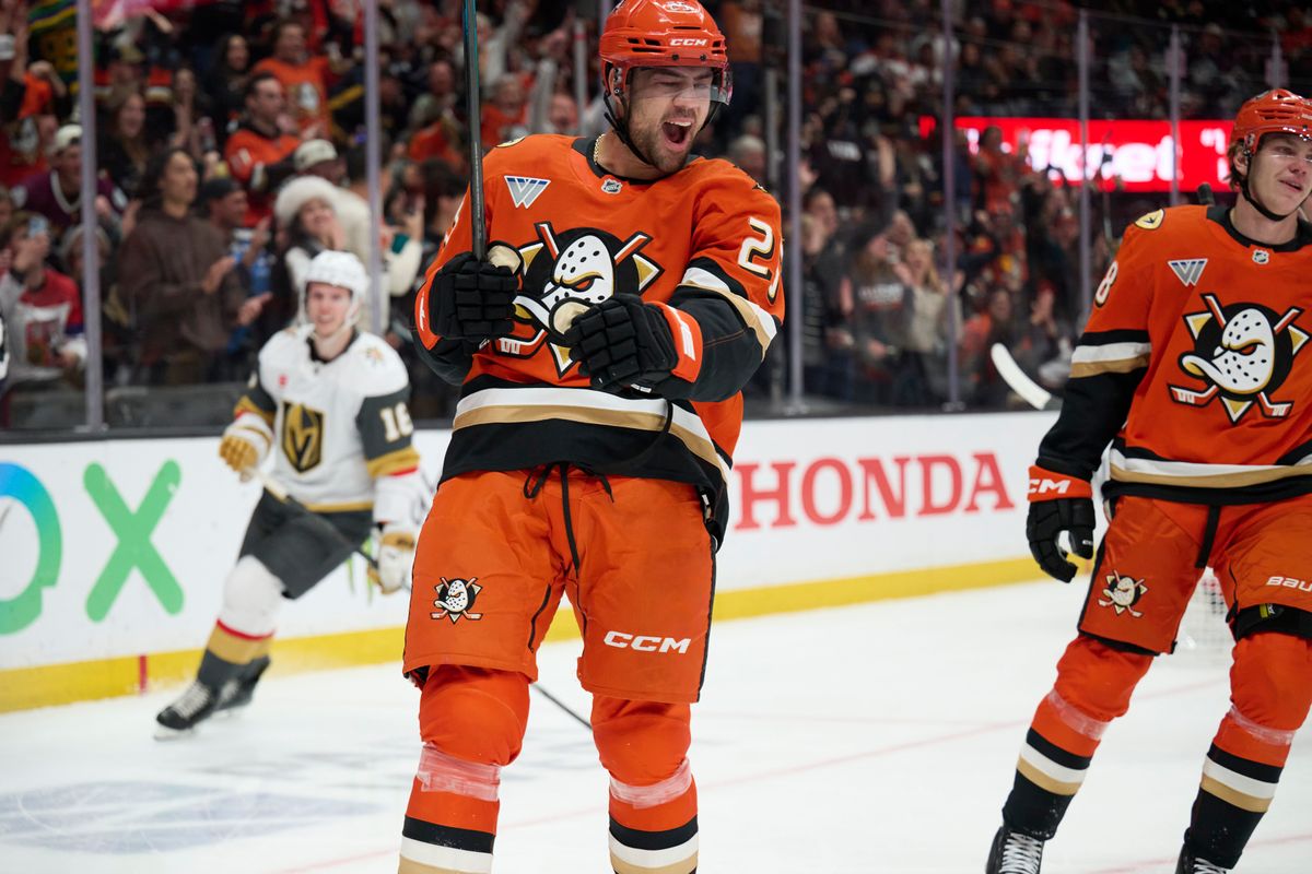 The Anaheim Ducks center Ryan Poehling (25) celebrates a goal against The Las Vegas Golden Knights February 1st, 2026 in Anaheim California. The Anaheim Ducks center Ryan Poehling (25) celebrates a goal against The Las Vegas Golden Knights February 1st, 2026 in Anaheim California.