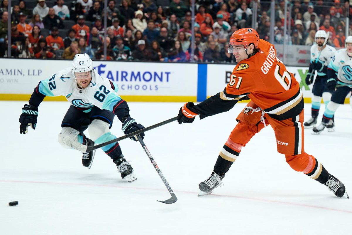 The Anaheim Duck’s left wing Cutter Gauthier (61) shoots a goal attempt agains’t the Seattle Kraken February 3rd, 2026 in Anaheim California. The Anaheim Duck’s left wing Cutter Gauthier (61) shoots a goal attempt agains’t the Seattle Kraken February 3rd, 2026 in Anaheim California.