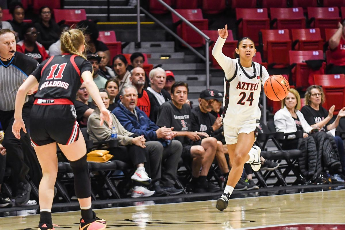 SDSU guard Naomi Panganiban (24) bring the ball up the floor during an NCAA Women’s Basketball game against Fresno State Saturday February 21, 2026 in San Diego, California. SDSU guard Naomi Panganiban (24) bring the ball up the floor during an NCAA Women’s Basketball game against Fresno State Saturday February 21, 2026 in San Diego, California.