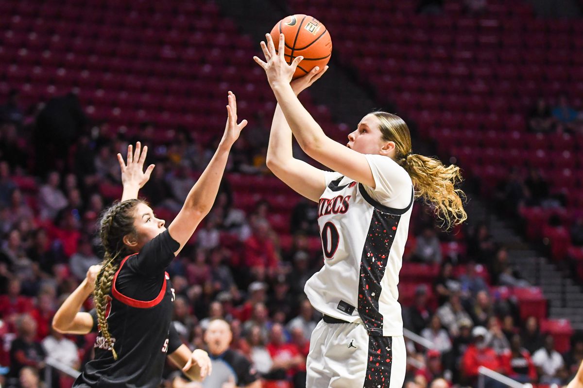 SDSU forward Bailey Barnhard (20) shoots the ball during an NCAA Women’s Basketball game against Fresno State Saturday February 21, 2026 in San Diego, California. SDSU forward Bailey Barnhard (20) shoots the ball during an NCAA Women’s Basketball game against Fresno State Saturday February 21, 2026 in San Diego, California.