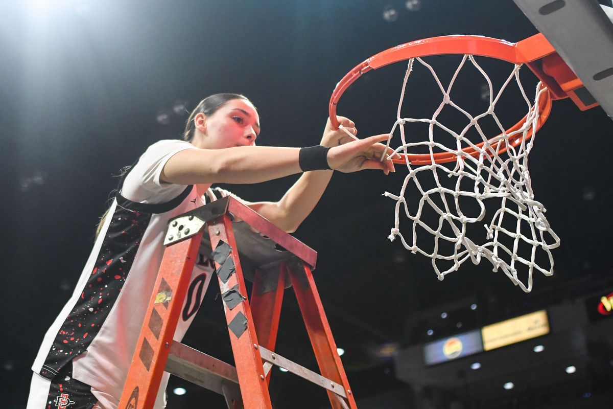 SDSU Aztecs celebrate winning the Mountain West Championships during an NCAA Women’s Basketball game against Fresno State Saturday February 21, 2026 in San Diego, California. SDSU Aztecs celebrate winning the Mountain West Championships during an NCAA Women’s Basketball game against Fresno State Saturday February 21, 2026 in San Diego, California.