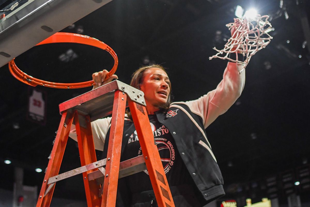 SDSU Aztecs celebrate winning the Mountain West Championships during an NCAA Women’s Basketball game against Fresno State Saturday February 21, 2026 in San Diego, California. SDSU Aztecs celebrate winning the Mountain West Championships during an NCAA Women’s Basketball game against Fresno State Saturday February 21, 2026 in San Diego, California.