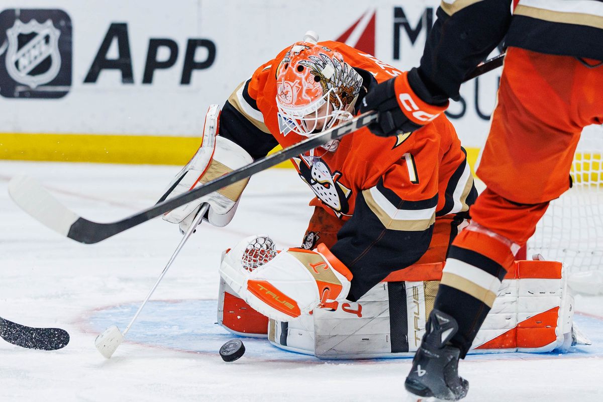 Anaheim Ducks goaltender Lukas Dostal (1) records a save during an NHL match against the Winnipeg Jets on February 27, 2026 in Anaheim, California.