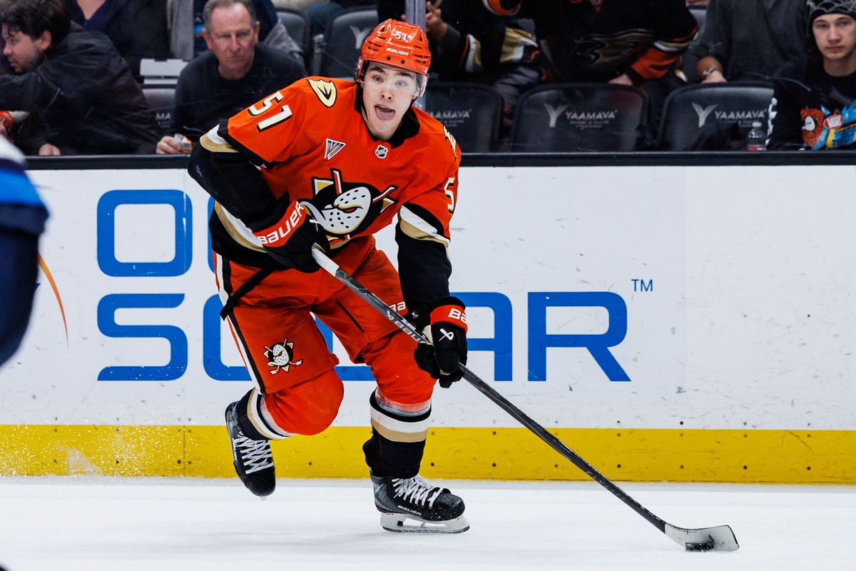 Anaheim Ducks defenseman Olen Zellweger (51) skates with the puck during an NHL match against the Winnipeg Jets on February 27, 2026 in Anaheim, California.