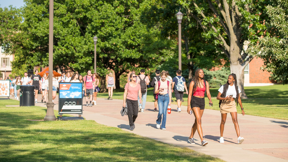 FILE - Students walk on campus during the first day of the fall 2022 semester. (Courtesy Oklahoma State University)