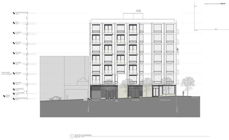 2800 Geary Boulevard south-facing facade, illustration by Kip Coleman Architecture