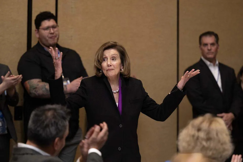 Former U.S. Speaker of the House Nancy Pelosi endorses U.S. Rep. Doris Matsui’s bid for re-election to Congress during a debate between Matsui and Sacramento City Councilmember Mai Vang on Saturday at the California Democratic Party state convention in San Francisco.