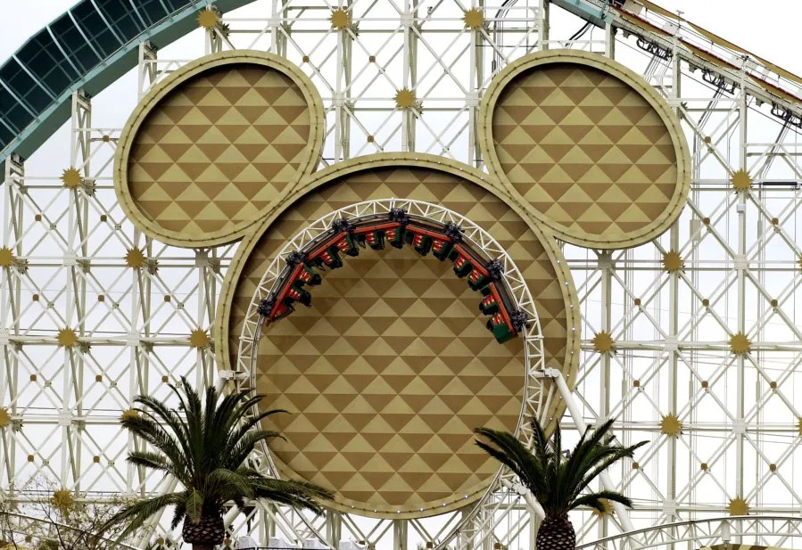 385279 11: A roller coast goes up-side-down within the shape of the head of the Mickey Mouse on the California Screamin ride during grand opening days of Disney’s California Adventure theme park February 6, 2001 in Anaheim, CA. The 55-acre park next to Disneyland is based on California themes and opens to the public on February 8, 2001. (Photo by David McNew/Newsmakers)