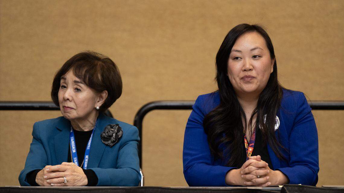 Congresswoman Doris Matsui and Sacramento councilwoman, Mai Vang, following their debate on Saturday, Feb. 21, 2026, at Mosconi Center West in San Francisco.