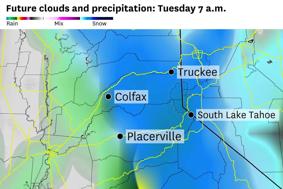 By Tuesday morning, moderate snow will be falling along the major Sierra passes, with snow levels dropping below 5,000 feet. (Baron/Lynx )