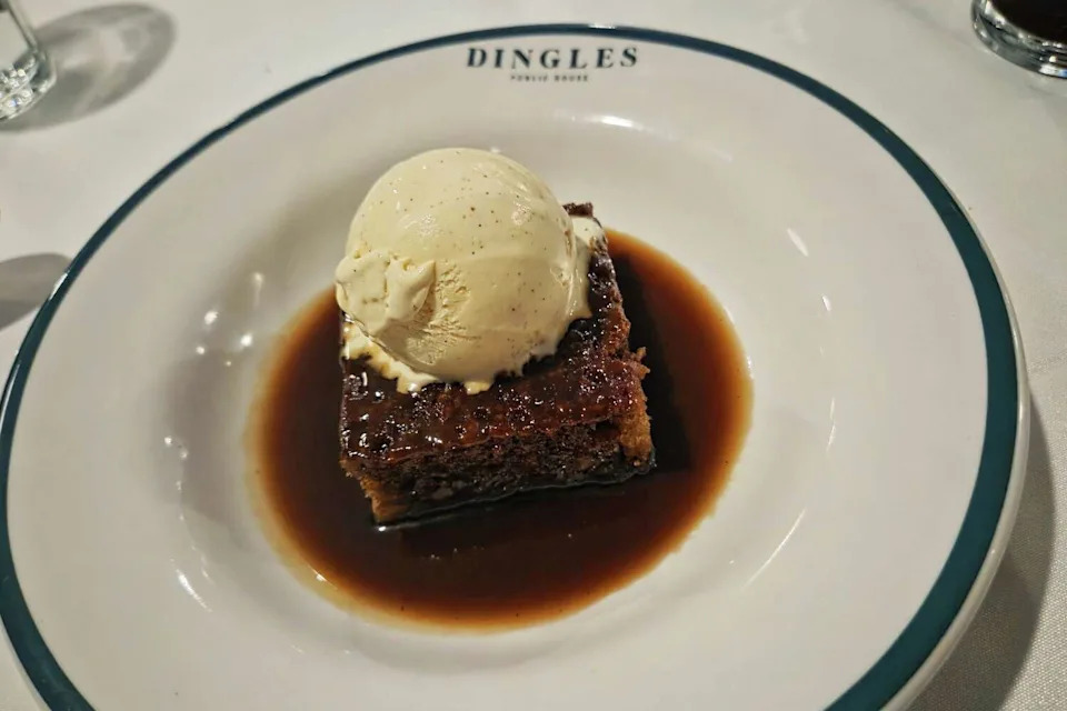 The sticky toffee pudding at Dingles is relatively straightforward, as are most of the pleasures at the heavily themed British pub. (Cesar Hernandez/S.F. Chronicle)