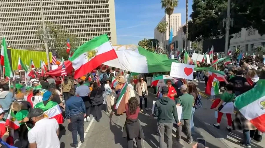 A large crowd of demonstrators gathered in downtown Los Angeles Saturday to voice their opposition to the regime in Iran and to support the Iranian people's fight for freedom on Feb. 14, 2026. (KTLA)