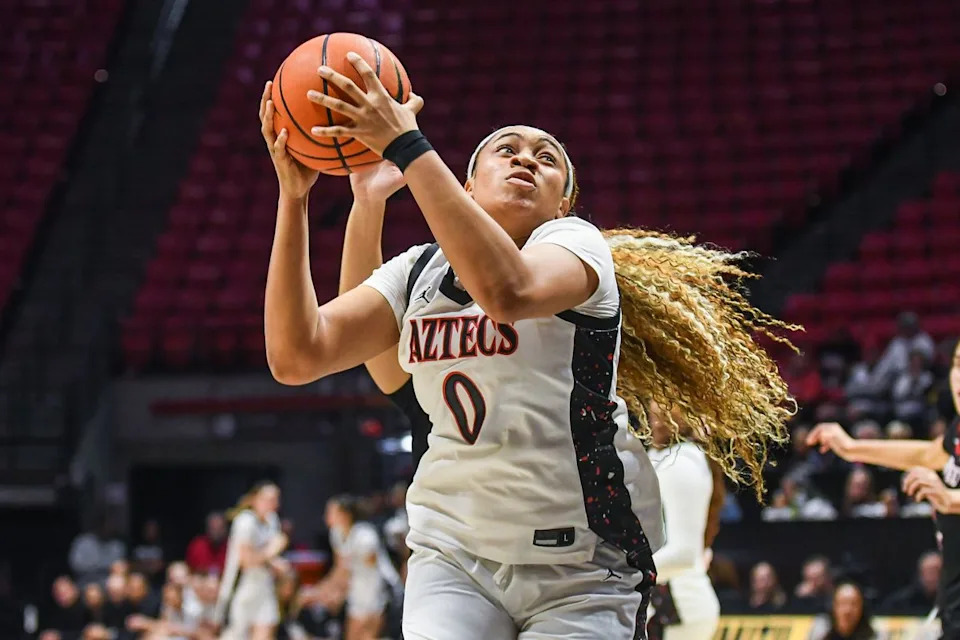 SDSU forward Kennedy Lee (0) looks to shoot during an NCAA Women’s Basketball game against Fresno State Saturday February 21, 2026 in San Diego, California.