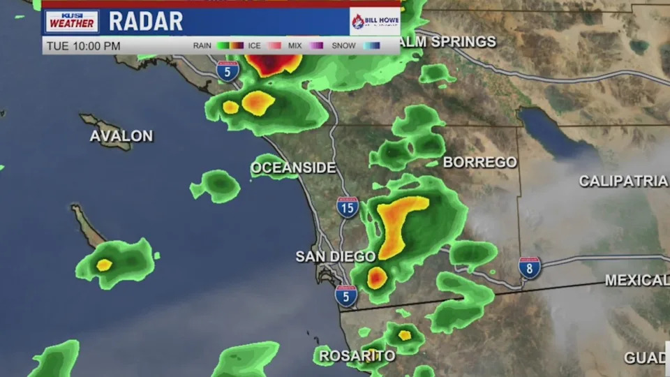 <em>Radar image of rain moving through San Diego County on Tuesday at 10 p.m., hours before heavy rainfall is expected (KUSI).</em>