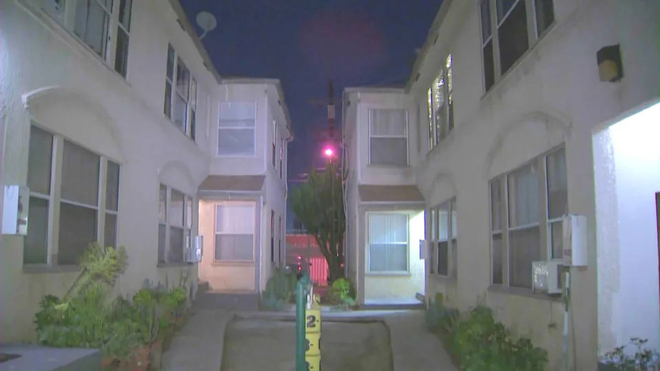 Surveillance cameras captured the male suspect lurking around an apartment complex in L.A.’s Leimert Park neighborhood before breaking into one of the units in the middle of the night on Feb. 24, 2026. (KTLA)