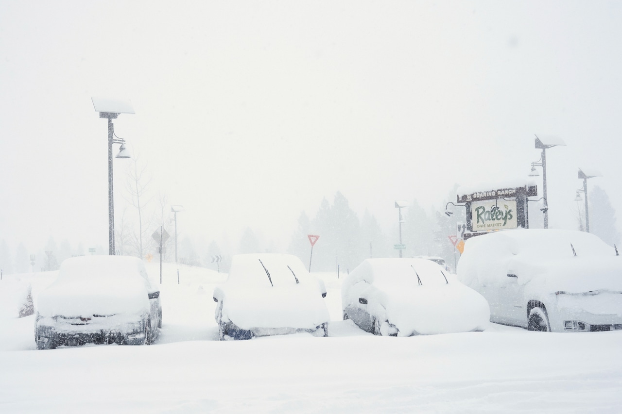 Four cars in a row, covered with snow and their windshield wipers flipped up so they don't stick to the windshield.