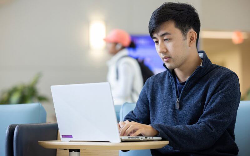 A student in a blue sweater sits at a table and works on a laptop in CSUF's College of Business and Economics