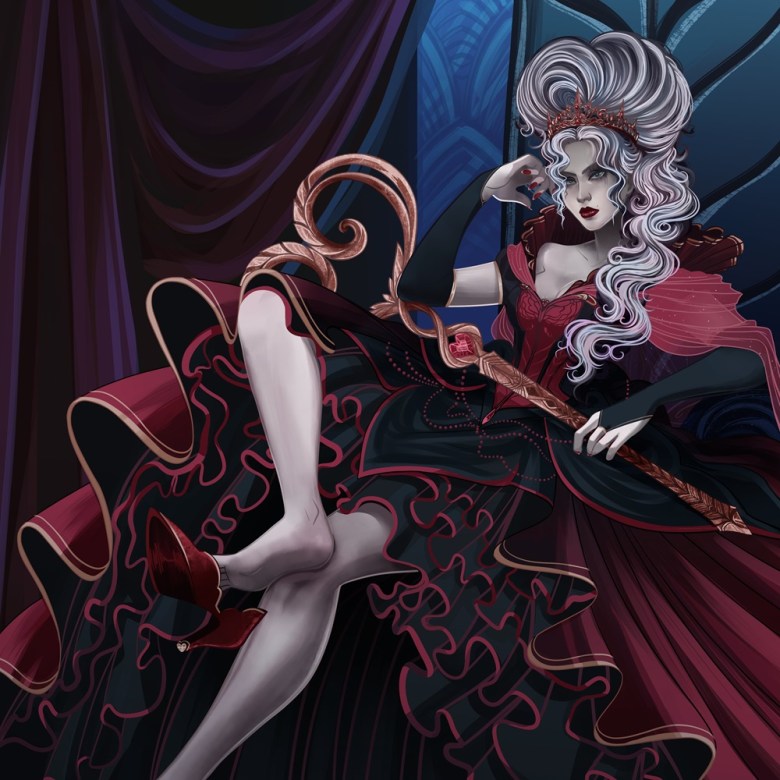 A woman in a red ball gown reclines in a casual pose, holding a scepter