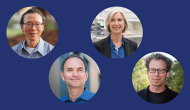 Four circular headshots against a dark blue background.