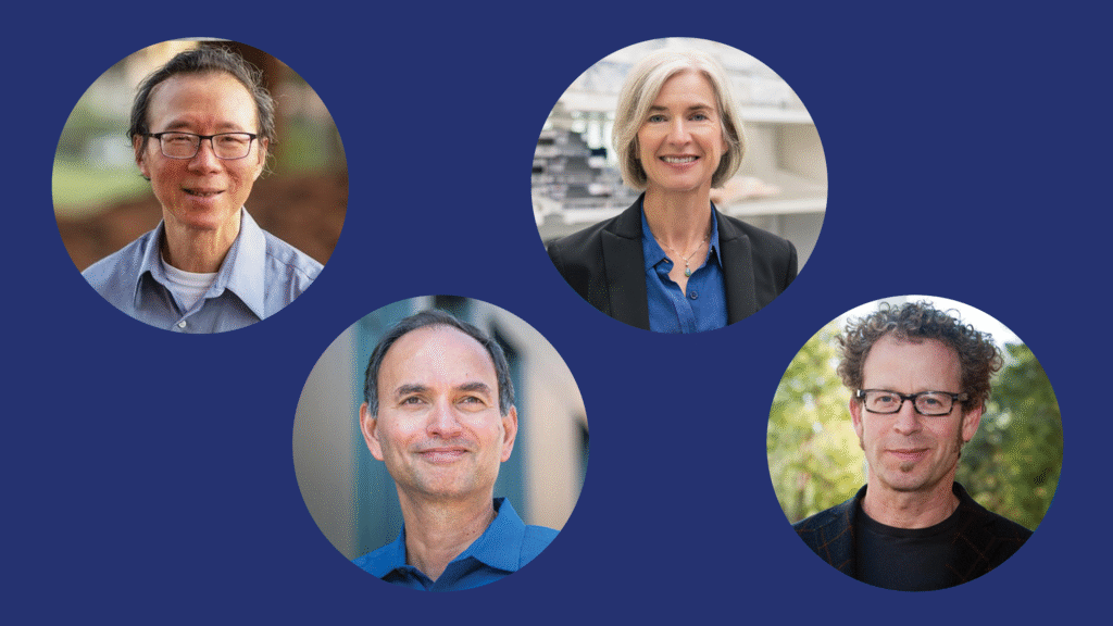 Four circular headshots against a dark blue background.