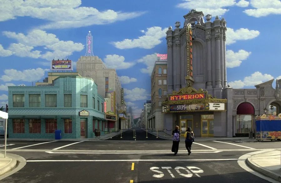 385279 02: Pedestrians walks through a replica of Hollywood’s famous ”Hollywood and Vine” intersection on a movie ”backlot” at Disney’s California Adventure theme park during the park’s grand opening days February 6, 2001 in Anaheim, CA. The 55-acre park next to Disneyland is based on California themes and opens to the public on February 8, 2001. (Photo by David McNew/Newsmakers)