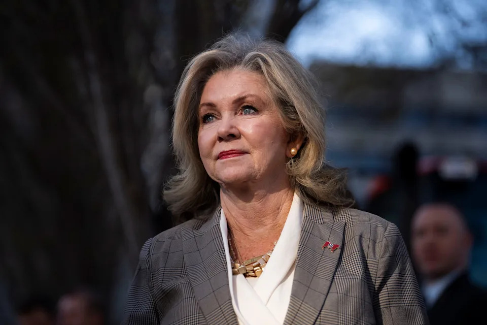 U.S. Sen. Marsha Blackburn, R-Tennessee, listens during Gov. Bill Lee’s speech during Agriculture Day on the Hill at the Tennessee State Capitol building in Nashville, Tuesday, March 18, 2025.