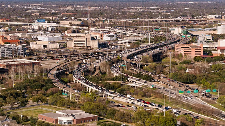 Aerial shot of Interstate 45 in downtown Houston, Texas.