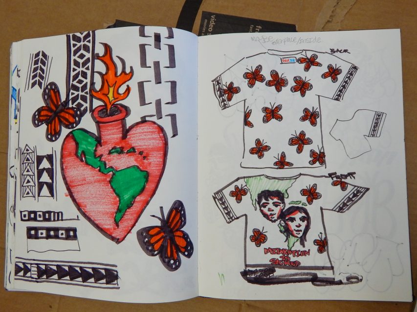 Hand-drawn sketches of shirts featuring repeated orange butterflies and a design with two faces and text. Left page shows a flaming heart with a map, butterflies, and geometric patterns.