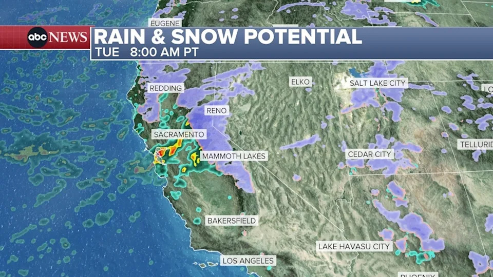 ABC News - PHOTO: Rain and snow potential on Tuesday.