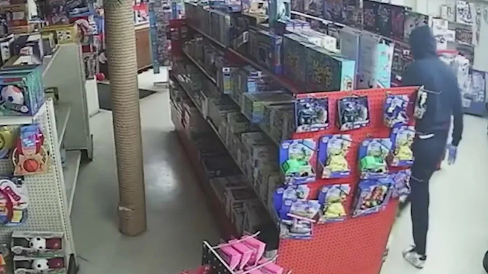 The masked suspect broke into Kip's Toyland at the Original Farmer's Market and escaped with thousands of dollars worth of expensive Lego toy sets on Feb. 21, 2026. (Kip's Toyland)