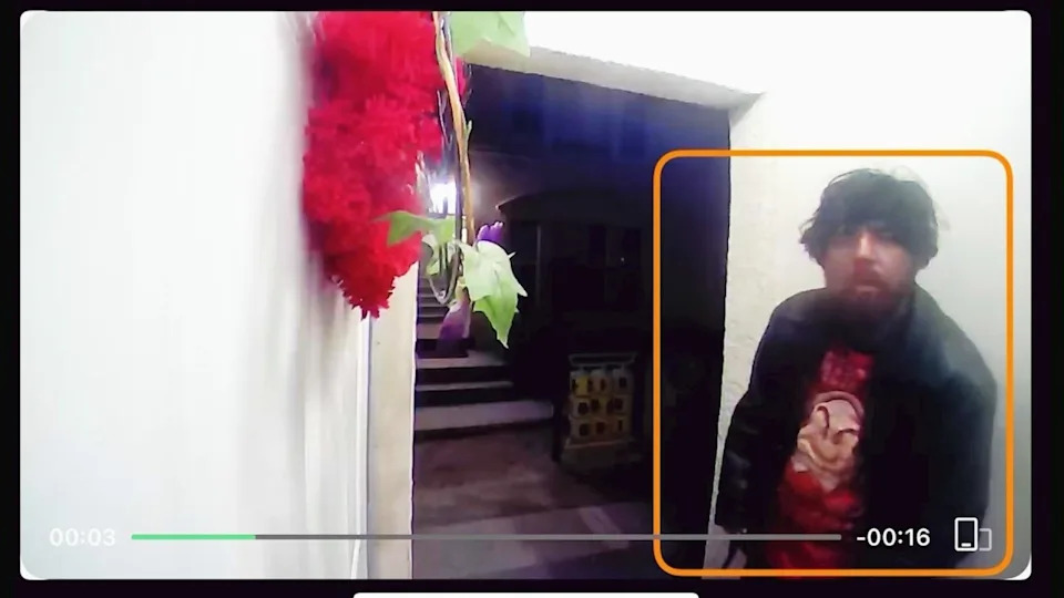 Surveillance cameras captured the male suspect lurking around an apartment complex in L.A.’s Leimert Park neighborhood before breaking into one of the units in the middle of the night on Feb. 24, 2026. (Johnson Family)