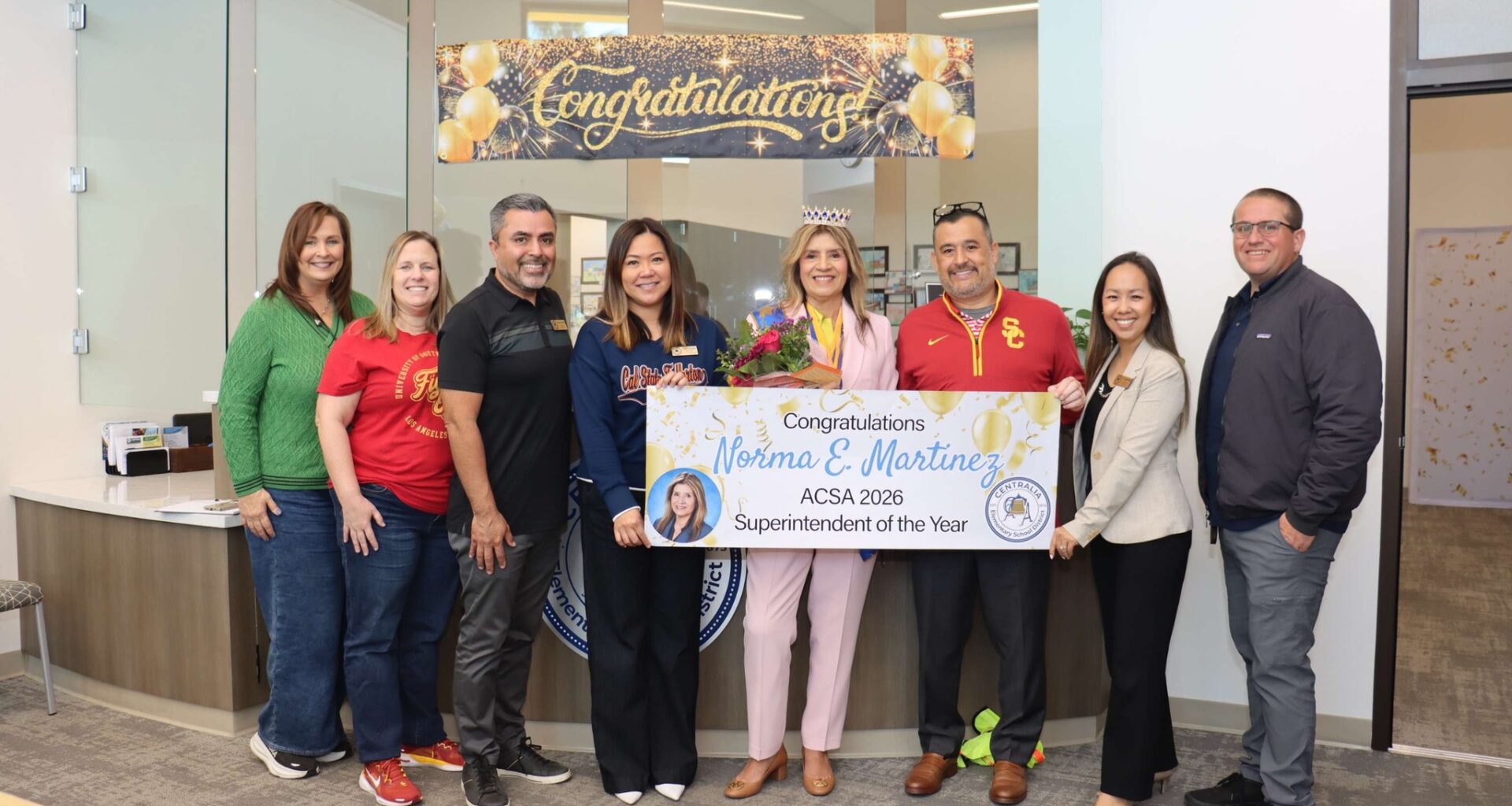 Dr. Norma E. Martinez, superintendent of the Centralia School District, poses with a bouquet after being named the 2026 Superintendent of the Year by ACSA Region 17.