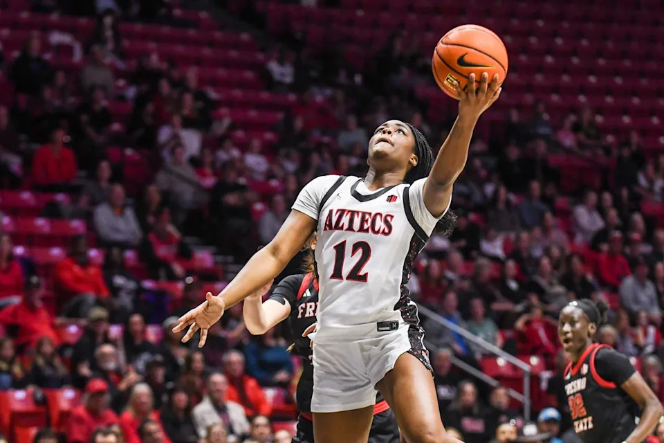 SDSU guard Kaelyn Hamilton (12) makes a driving layup during an NCAA Women’s Basketball game against Fresno State Saturday February 21, 2026 in San Diego, California.