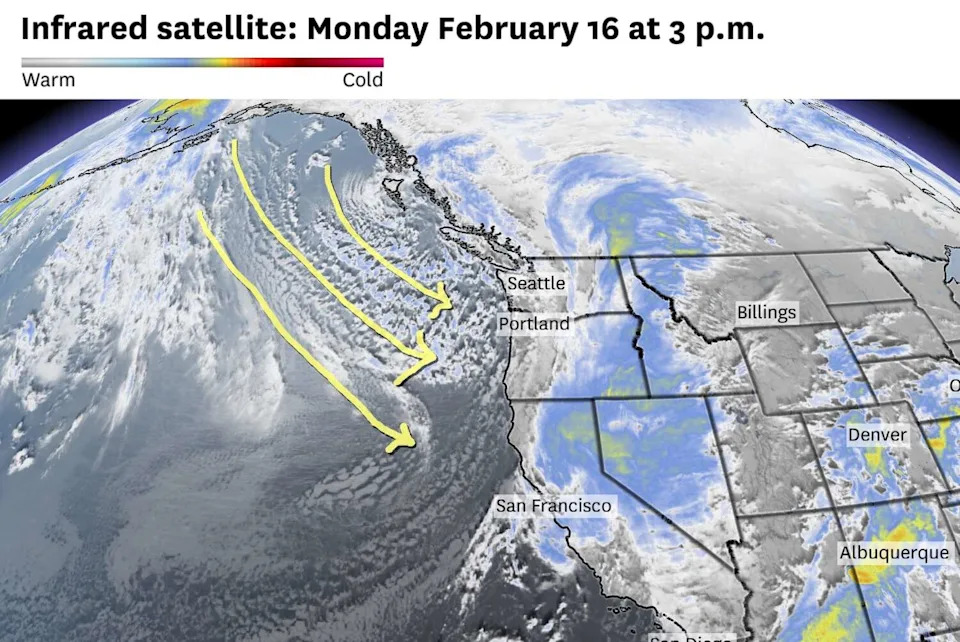 Infrared satellite imagery captured cold clouds taking a direct path from the Gulf of Alaska toward the West Cost on Monday. (Baron/Lynx)