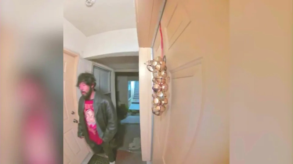 Surveillance cameras captured the male suspect lurking around an apartment complex in L.A.’s Leimert Park neighborhood before breaking into one of the units in the middle of the night on Feb. 24, 2026. (Johnson Family)