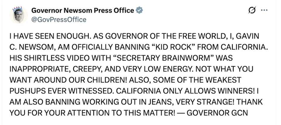 Newsom’s team, imitating the style of President Donald Trump’s Truth Social posts, hit out at Kid Rock and Kennedy for the workout video (@GovPressOffice/X)
