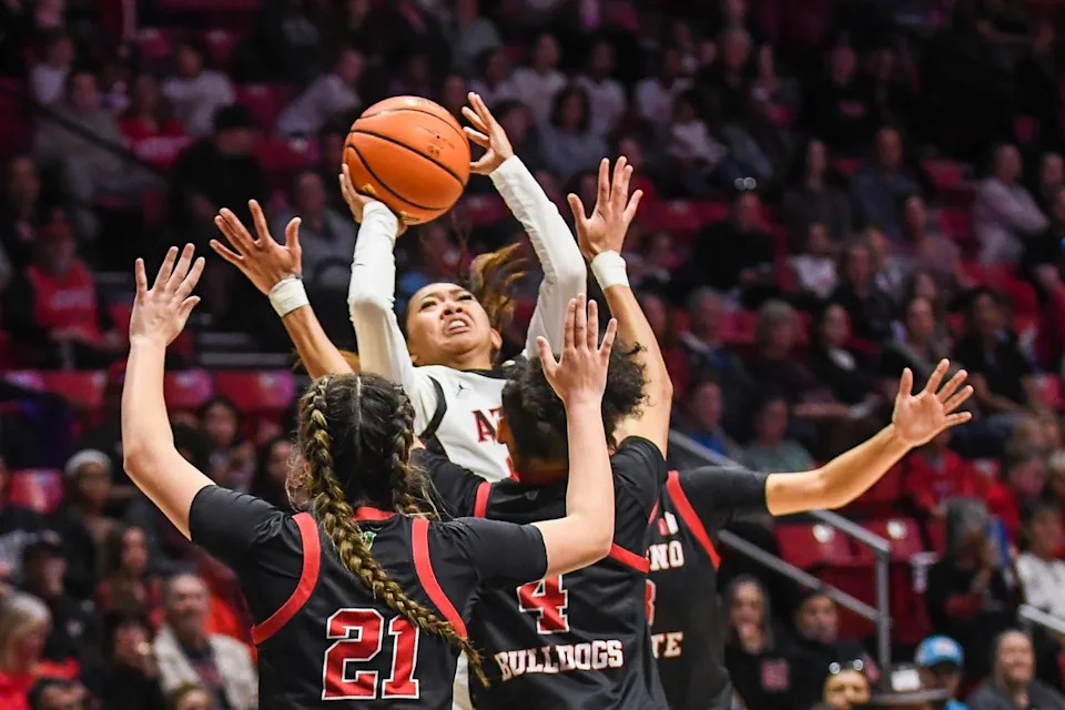 SDSU guard Naomi Panganiban (24) shoots the ball during an NCAA Women’s Basketball game against Fresno State Saturday February 21, 2026 in San Diego, California.