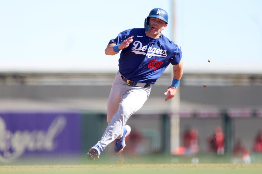 Tempe, AZ - February 21, 2026: Los Angeles Dodgers catcher Dalton Rushing (68) running the bases at Diablo Stadium, Tempe, AZ on February 21, 2026. (Eric Thayer / Los Angeles Times)