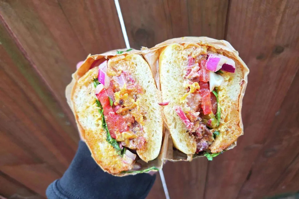 The pastrami chopped cheese from Krispy Joe's Coffee House in Emeryville. (Cesar Hernandez/S.F. Chronicle)