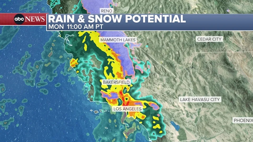 ABC News - PHOTO: Rain and snow potential on Monday.