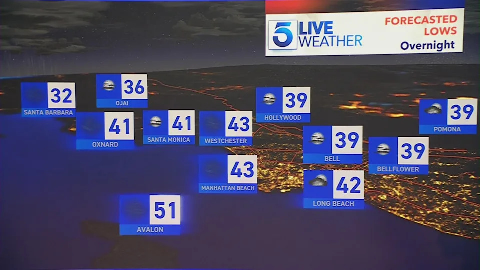 Weather forecast graphic shows overnight lows Southern California