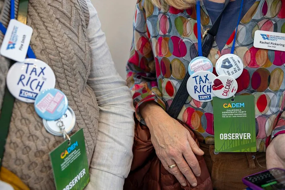 Two women wear pins supporting Democratic causes