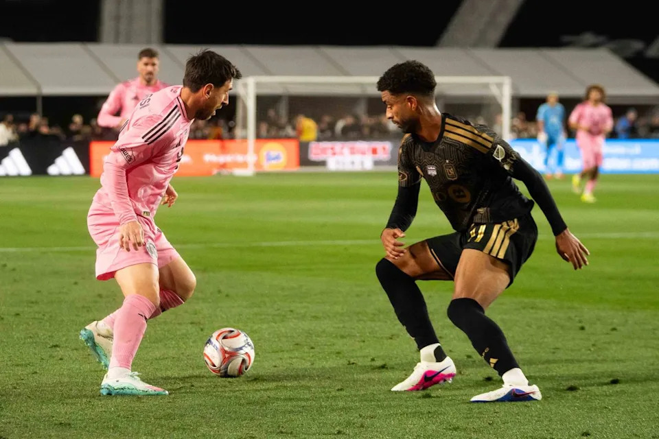 LAFC midfielder Timothy Tilman (11) defending his opponent during an MLS soccer game against Inter Miami CF, Saturday February 21st, 2026 in Los Angeles, California.