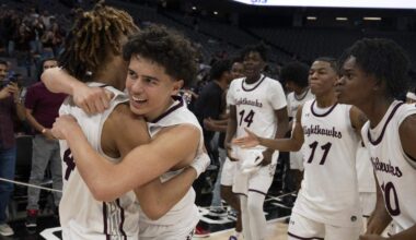 The Natomas Nighthawks celebrate after winning the CIF Sac-Joaquin Section Division IV boys basketball championship at Golden 1 Center in Sacramento on Friday.