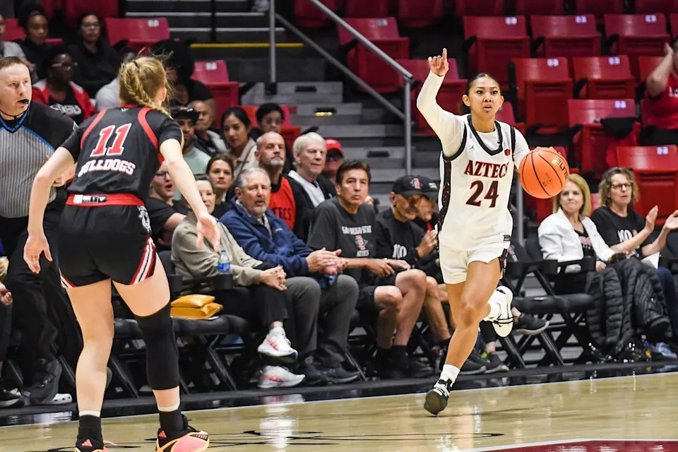 SDSU guard Naomi Panganiban (24) bring the ball up the floor during an NCAA Women’s Basketball game against Fresno State Saturday February 21, 2026 in San Diego, California.